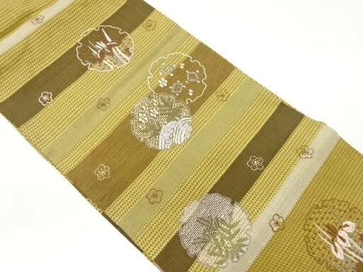 変わり織横段に雪輪・草花模様刺繍名古屋帯【中古】【着】 変わり織横段に雪輪・草花模様刺繍名古屋帯【中古】【着】