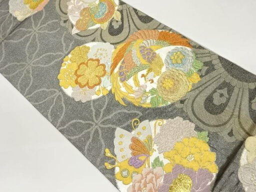 丸文に花々・蝶・鳳凰模様織出し全通袋帯【中古】【着】 丸文に花々・蝶・鳳凰模様織出し全通袋帯【中古】【着】