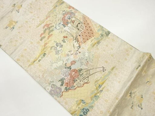 御所車に花車・枝垂れ桜模様織出し袋帯【中古】【着】 御所車に花車・枝垂れ桜模様織出し袋帯【中古】【着】