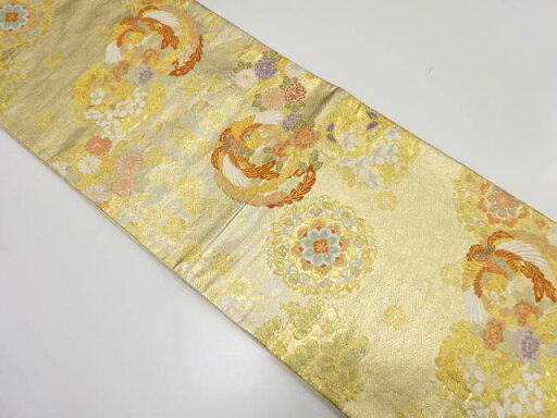 鳳凰に華紋・花丸模様織り出し 袋帯【中古】【着】 鳳凰に華紋・花丸模様織り出し 袋帯【中古】【着】