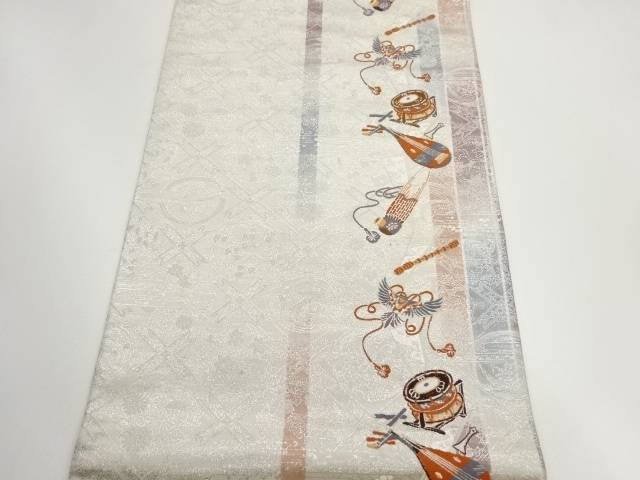 縞に雅楽・楽器模様織出し名古屋帯【中古】【着】