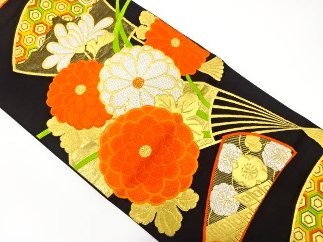 扇面に菊・古典柄織り出し　袋帯【中古】【着】