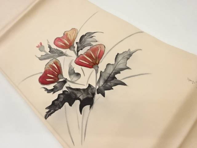 作家物 塩瀬手描き花葉模様名古屋帯【中古】【着】