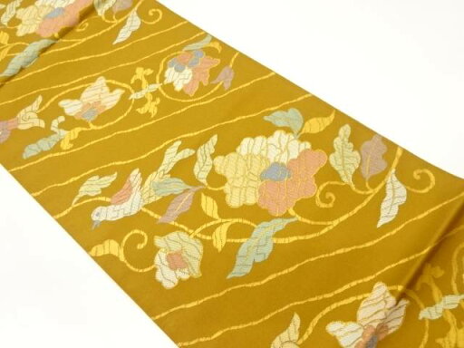 斜め縞に抽象鳥・花葉模様織出し全通本袋帯【中古】【着】 斜め縞に抽象鳥・花葉模様織出し全通本袋帯【中古】【着】