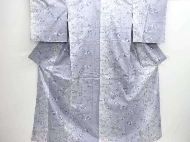 草花に蝶模様織り出し手織り紬着物【中古】【着】