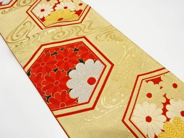 流水に亀甲・菊模様織り出し袋帯（材料）【アンティーク】【中古】【着】