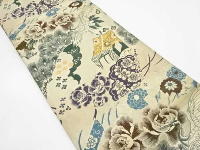 鶴に桧扇・牡丹・松模様織り出し丸帯（材料）【アンティーク】【中古】【着】