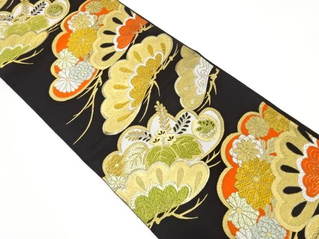 笠松に菊・桐模様織り出し袋帯(着用可)【アンティーク】【中古】【着】