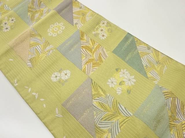 色紙に草花模様織出し袋帯【中古】【着】