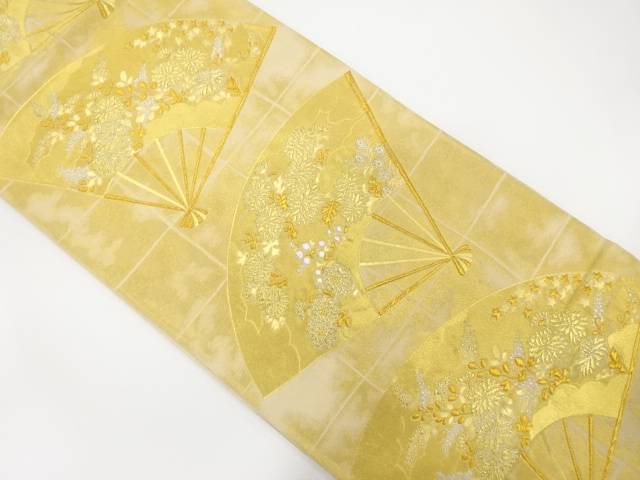 扇に菊・萩模様織り出し袋帯(材料)【アンティーク】【中古】【着】