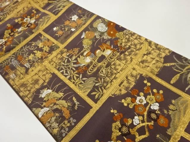 鴛鴦に花々・雲模様織出し袋帯【中古】【着】