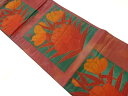 色紙に花々模様織出し袋帯【中古】【着】