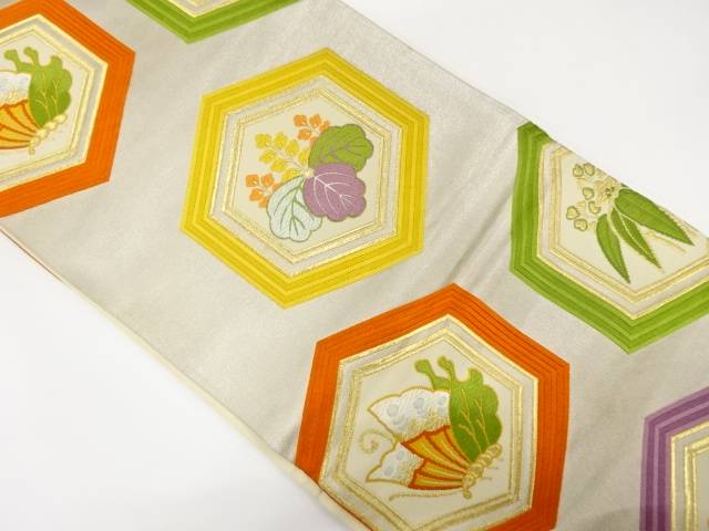 亀甲に桐・蝶・笹竜胆模様織り出し袋帯（材料）【アンティーク】【中古】【着】