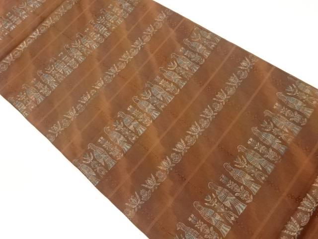 横段に草花・鳥模様織出し全通袋帯【中古】【着】