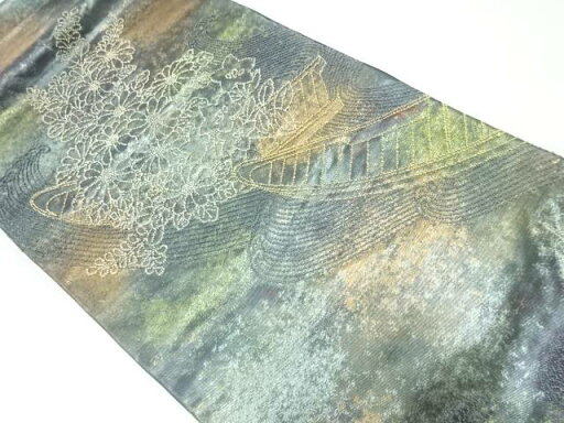 相良刺繍舟に秋草模様袋帯【中古】【着】 相良刺繍舟に秋草模様袋帯【中古】【着】