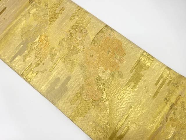 佐賀錦　ヱ霞に牡丹・松竹梅・鶴模様織り出し袋帯（材料）【アンティーク】【中古】【着】