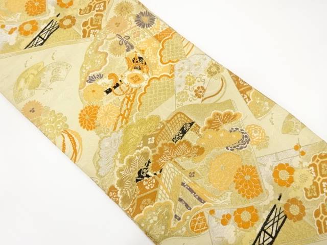 読み本に御所車・枝梅・菊模様織り出し丸帯(材料)【アンティーク】【中古】【着】(4)