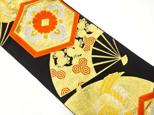 花亀甲に扇・鳳凰模様織り出し袋帯(着用可)【アンティーク】【中古】【着】 花亀甲に扇・鳳凰模様織り出し袋帯(着用可)【アンティーク】【中古】【着】