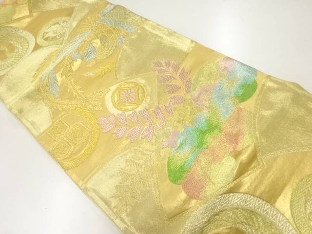 地紙に花鳥模様織出し袋帯（材料）【アンティーク】【中古】【着】【Pnt】