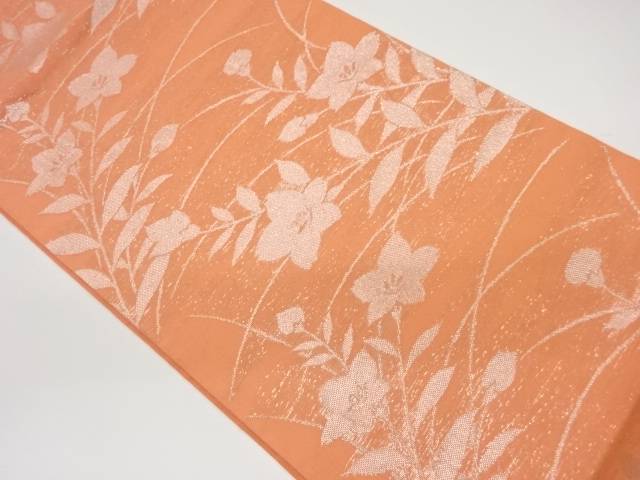 芝に桔梗模様織出し夏用袋帯【中古】【着】