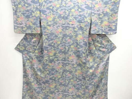 流水に草花模様小紋着物【中古】【着】 流水に草花模様小紋着物【中古】【着】