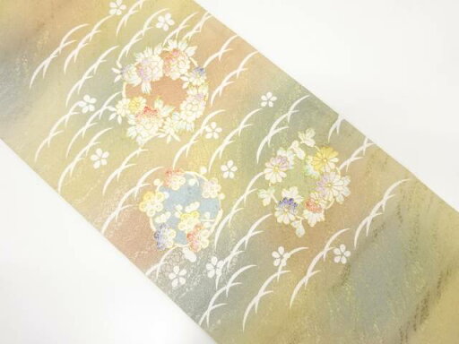 金彩 芝草に花丸紋模様織り出し 袋帯【中古】【着】 金彩 芝草に花丸紋模様織り出し 袋帯【中古】【着】