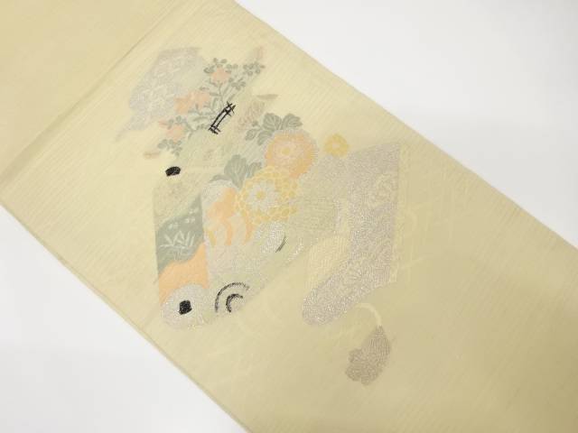 絽巻物に笙・槌車・草花模様織出し丸帯(材料)【アンティーク】【中古】【着】