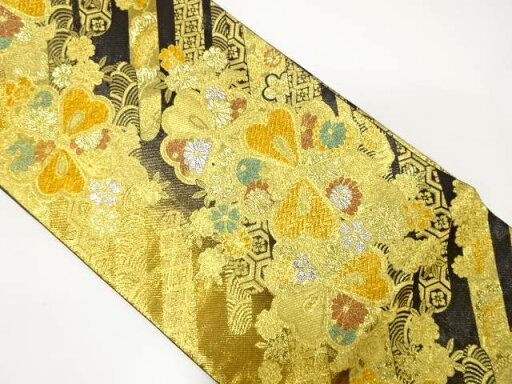 斜め縞に花・古典柄織り出し 振袖用袋帯【中古】【着】 斜め縞に花・古典柄織り出し 振袖用袋帯【中古】【着】