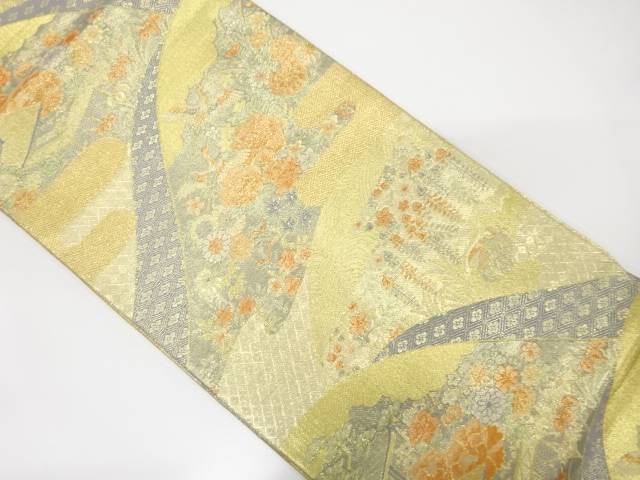 佐賀錦　山並に花鳥・屋敷風景模様織り出し袋帯【中古】【着】
