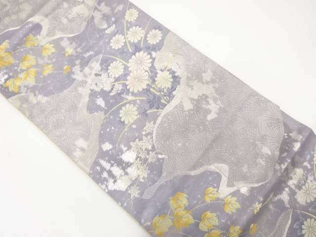 霞に菊・蔦の葉模様織り出し袋帯（材料）【アンティーク】【中古】【着】