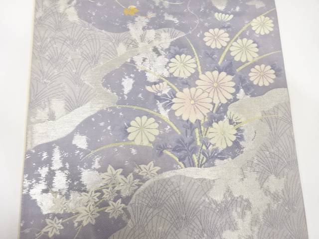 霞に菊・蔦の葉模様織り出し袋帯（材料）【アンティーク】【中古】【着】