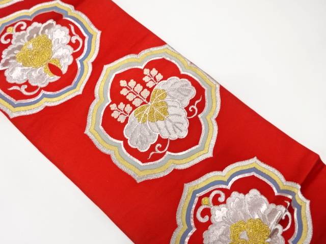 桐に牡丹模様織り出し袋帯（着用可）【アンティーク】【中古】【着】
