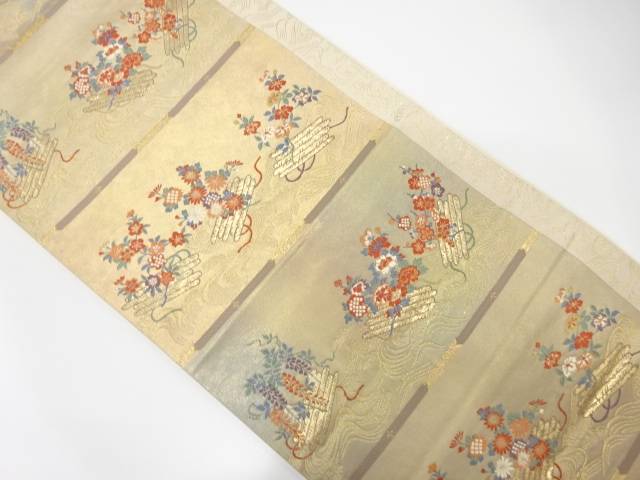 変わり横段に花筏模様織り出し　袋帯【中古】【着】