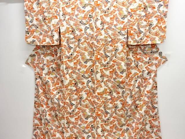 短冊に草花模様小紋着物【中古】【着】