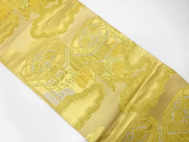 雲取りに貝桶模様織り出し袋帯（材料）【アンティーク】【中古】【着】