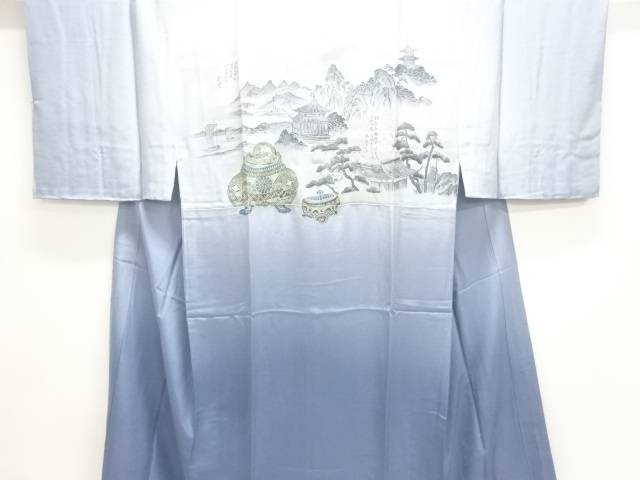 香炉に風景模様男物長襦袢【アンティーク】【中古】【着】