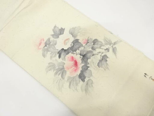 作家物 ひげ紬手描き枝花模様名古屋帯【中古】【着】 作家物 ひげ紬手描き枝花模様名古屋帯【中古】【着】