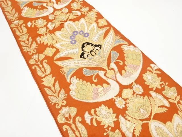 向かい鳥に花更紗模様織り出し袋帯（材料）【アンティーク】【中古】【着】