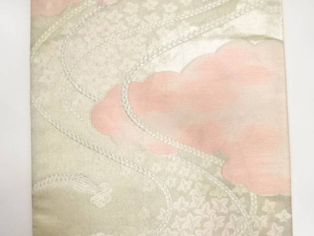 雲に組紐・花模様織り出し袋帯（材料）【アンティーク】【中古】【着】