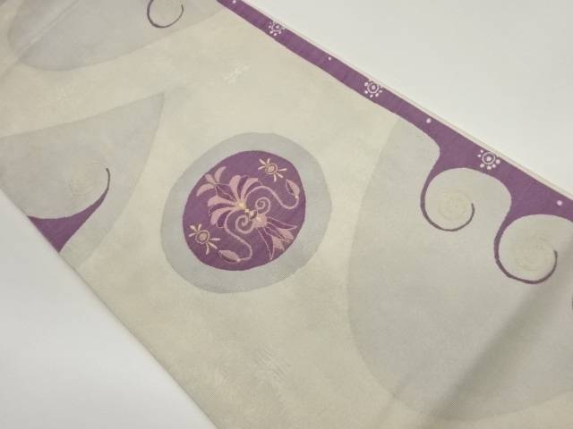 帝王紫丸文に抽象草花模様織出し袋帯【中古】【着】
