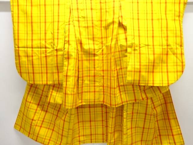 格子模様織り出し米沢紬子供着物アンサンブル【中古】【着】【Pnt】