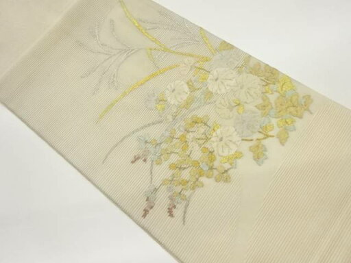 絽綴れ秋草模様織出し袋帯【中古】【着】 絽綴れ秋草模様織出し袋帯【中古】【着】