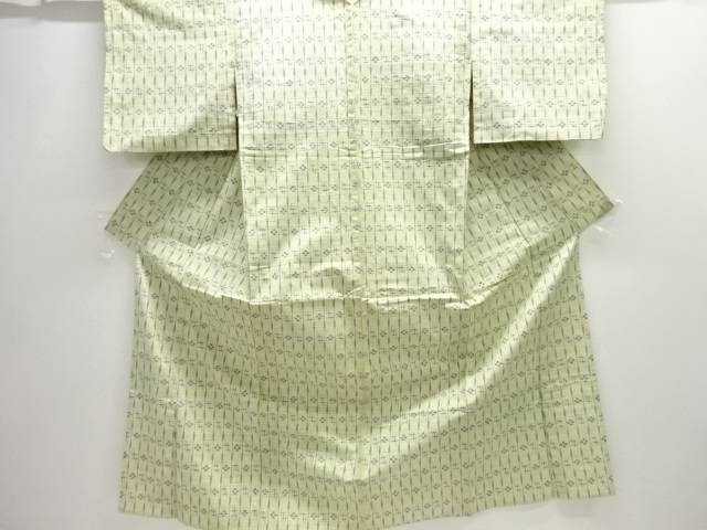 絣縞に花模様織り出し手織り紬単衣着物【アンティーク】【中古】【着】