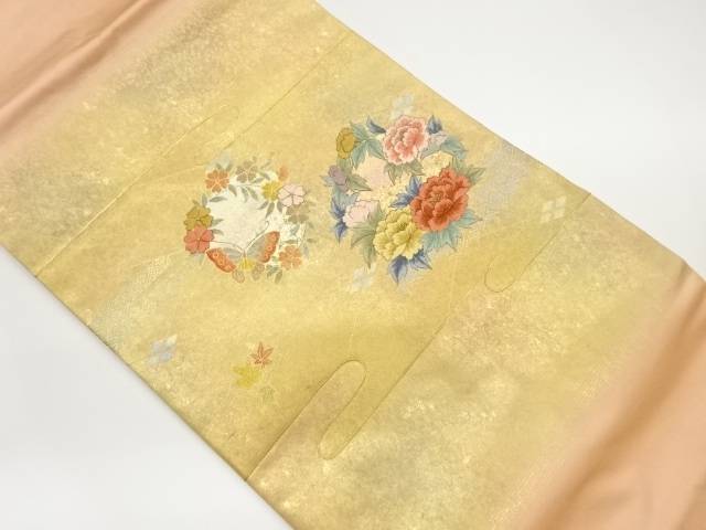 引箔芍薬・花輪に蝶模様刺繍名古屋帯【中古】【着】