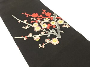 皆川月華作 塩瀬 枝梅模様 刺繍 名古屋帯(着用可)【アンティーク】【中古】【着】