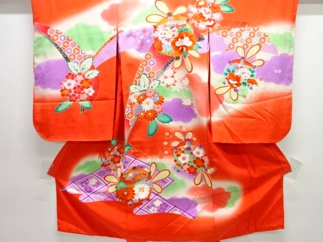 糸巻きに花模様子供着物【リサイクル】【中古】【着】【Pnt】【sp_off】