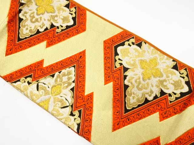 松皮菱に花唐草模様織り出し袋帯（材料）【アンティーク】【中古】【着】