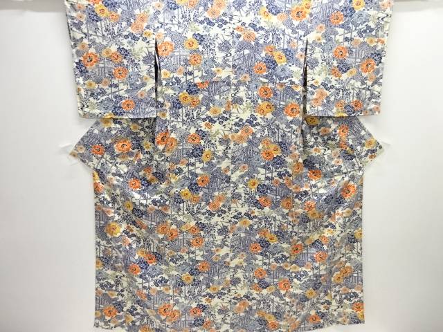 板垣に草花模様単衣小紋着物【中古】【着】【Pnt】