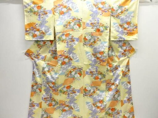 未使用品 御所車に花扇模様小紋着物【着】 未使用品 御所車に花扇模様小紋着物【着】