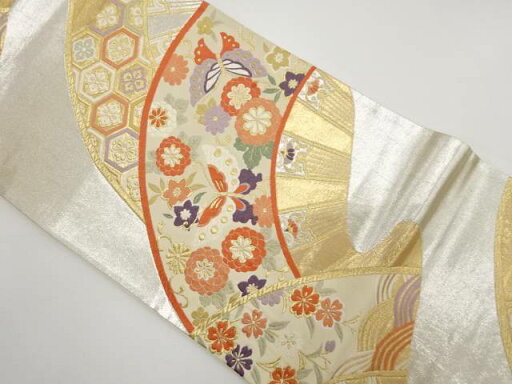 片輪車に蝶・菊・枝垂れ桜模様織出し袋帯(材料)【アンティーク】【中古】【着】 片輪車に蝶・菊・枝垂れ桜模様織出し袋帯(材料)【アンティーク】【中古】【着】